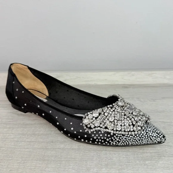 Badgley Mischka Quinn Crystal Embellished Pointed Toe Black Flats Size 8 - Picture 3 of 14